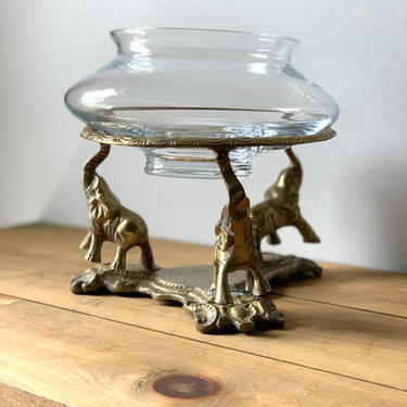 Vintage Brass Elephant Stand with Glass Bowl 