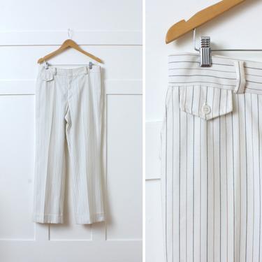 mens vintage 1970s striped pants • white &amp; brown cuffed leg trousers 