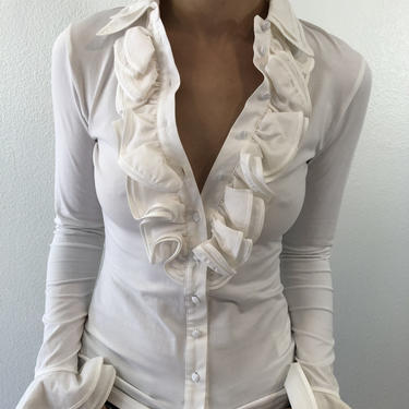 Vintage Anne Fontaine White Stylish Ruffle Long Sleeve Button Down Shirt 