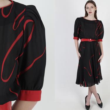 Womens Thin Black Dress / Sheer Red Ribbon Striped Dress / Wear To Work Secretary Dress / Office Receptionist Swirly Dress 