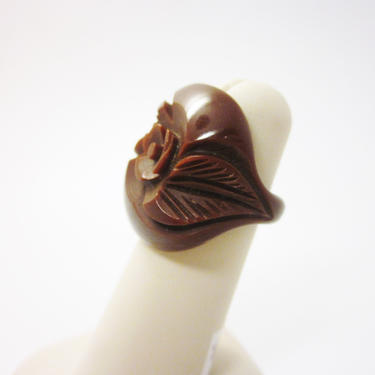 True Vintage Chocolate Brown Carved Botanical Motif Bakelite Ring Early Plastics Costume Jewelry Cocktail Ring 