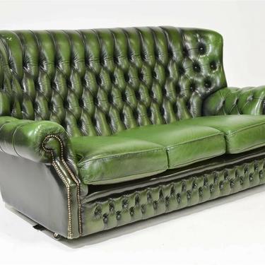 Sofa, Chesterfield, British, Green Leather, High Back Sofa, Seating, Beautiful!!