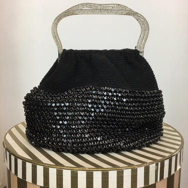 1950s black purse, vintage 50s purse, glitter Lucite purse, confetti purse, woven studded purse, mrs maisel style 