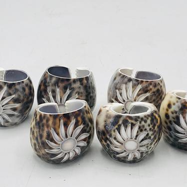 Vintage Set of 6 Natural Sea Shell Tiger Cowrie Napkin Rings Holders with Flower carved 
