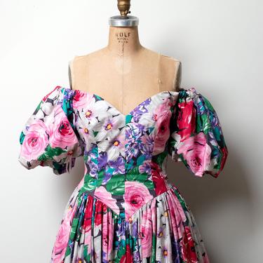 1980s Floral Print Puff Sleeve Gown | Victor Costa 