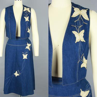 1970s Embroidered DENIM SET | Vintage 70s Vest &amp; Skirt with BUTTERFLY Appliques  | xs 