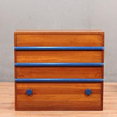 Mid Century Pine &amp; Blue 4-Drawer Dresser