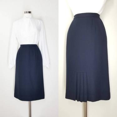 Navy Blue Wool Skirt, Small / Vintage 1980s Pencil Skirt with Pleated Vent / Plain Straight Secretary Skirt / 1940s Style Wiggle Skirt 