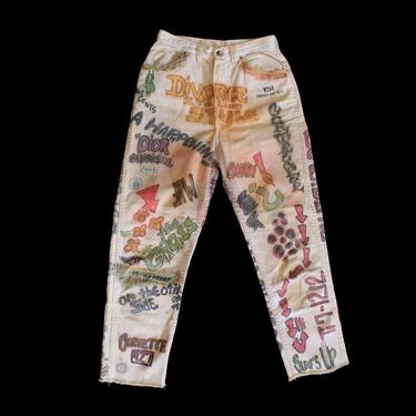 RARE 1960s Pants /  60s 70s Folk Art Hippie Pants / OOAK Hand Drawn Wrangler Cream Sanforized Misses Jeans 