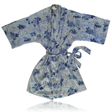 90s Pastel Blue Floral Satin Kimono Robe Bed Jacket // Inner Most // Size Medium 