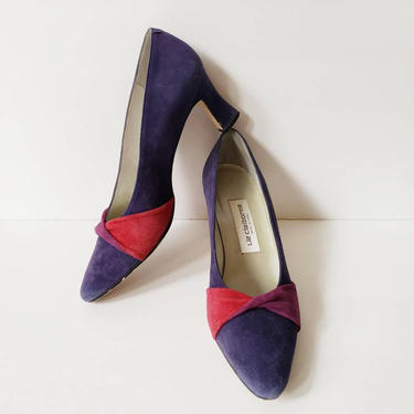 1980s Purple and Red Suede High Heel Pumps / 80s Liz Claiborne Colorblock Indigo Heels Party Shoes / 8 