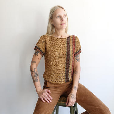 Vintage 80s Open Weave Boxy Top/ 1980s Cotton Brown and Gold Striped Boatneck Sweater/Emilio Rossi/ Size Medium 