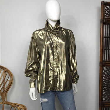 Vtg 70s metallic gold avant garde Evan Picone dress shirt top ML 