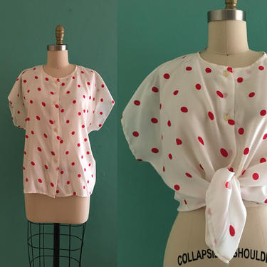 vintage 70's polka dot print blouse // polka dot top 