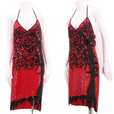 80s red sequin beaded DECO tree cocktail dress sz M / vintage 1990s sparkly 20s party flapper halter evening mini 