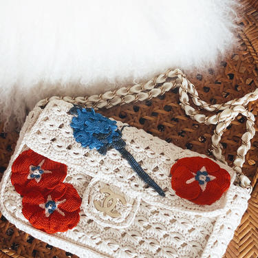 Vintage 90's CHANEL CC Logo White Beige Classic Flap Crochet Floral Woven Knit Chain Shoulder Tote Handbag Purse Bag 