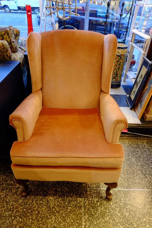 Pink velvet wing back chair. $195. Miss Pixie's