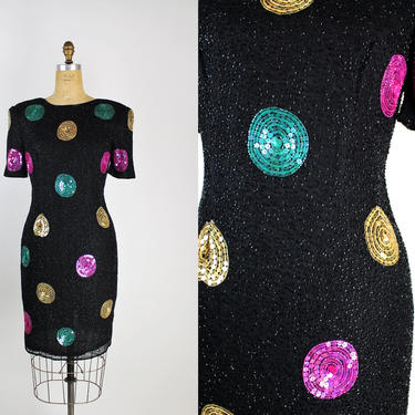 80s Colorful Polka Dot Beaded Dress / Party Dress / 80s Dress / Prom Dress / Sequin Dress / Size S/M 