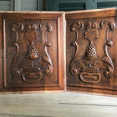 French Architectural Wood Door Panels, Wine Cellar, Carved Wood Grapevine Relief, Set of 2, Cabinet Door, Wall Mount, Chateau Decor 
