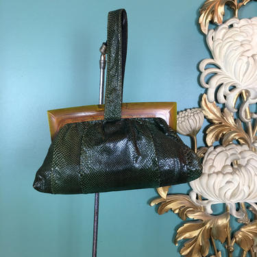 1940s green purse, vintage 40s handbag, snakeskin purse, top handle bag, Art Deco style, film noir style, bakelite style, looped handle, vlv by BlackLabelVintageWA