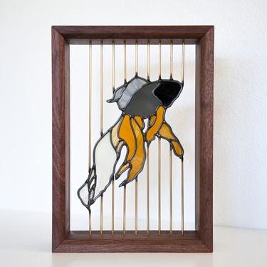 Stained Glass Fish - Floating in Walnut Wood Frame with Brass 