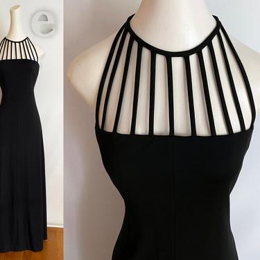 Sexy Vintage Cage Dress •1970s  1980s Cut Out Black Maxi Dress • Disco Clubbing Prom Party Formal Full Length • Saks Fifth Avenue • Small 