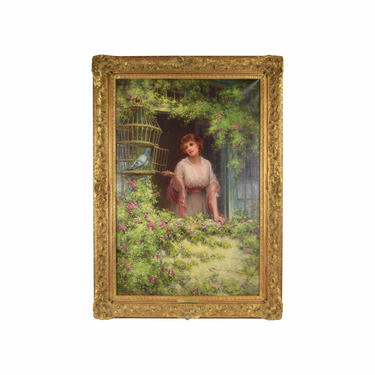 Large Circa 1910 English Genre Painting Woman with Dove in Cage Sydney Kendrick 