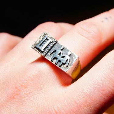 Vintage Israeli Sterling Silver Symbolic Block Ring, Raised Figural/Roman Numeral Designs, Made In Hittim, Size 10 1/4 US 