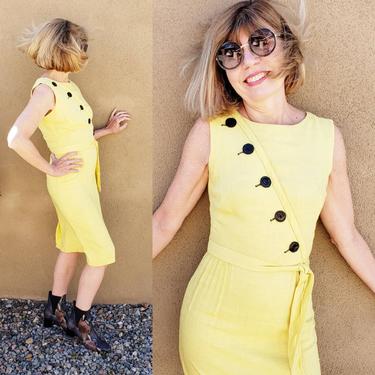 1950s Yellow Sleeveless Dress Black Diagonal Buttons / 50s Summer Dress Wiggle Skirt Matching Sash Tie Belt / S / Beatriz 