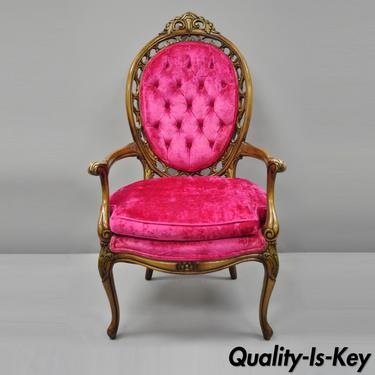Vintage Hollywood Regency French Style Armchair Pink Velvet Fabric Carved Chair