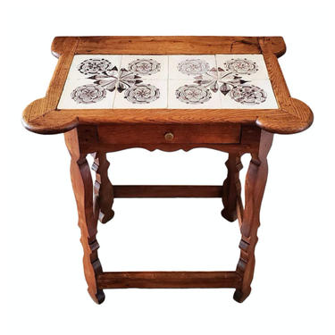 Rare 18th Century Colonial Porringer Table - Dutch Delft Rose Tile Top, Stretcher Tea Table 
