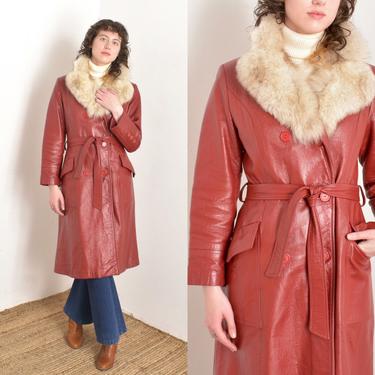 Vintage 1970s Coat / 70s Leather Trench Coat with Fox Fur Collar / Red ( small S ) 