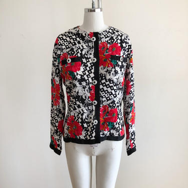 Bright Geometric and Floral Print Silk Jacket - 1980s 