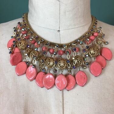 1950s choker, vintage necklace, mrs maisel, coral and rhinestones, statement necklace, aurora borealis, mid century jewelry, fringe, tassel 