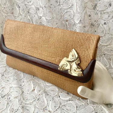 Woven Burlap Clutch, Vintage 60s 70s Purse, Lucite Trim, Made in Italy 