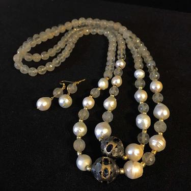 Gorgeous Vintage Mabe Pearl and Crystal Necklace and Earrings Set Free Shipping 