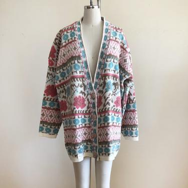 Oversized Pink and Blue Jacquard Knit Cardigan - 1980s 