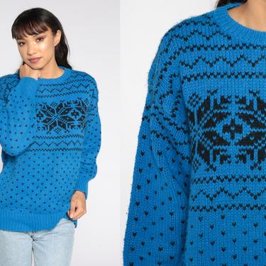 Nordic Snowflake Sweater 80s Ski Sweater Black Blue Geometric Fair Isle Sweater Boho Knit Retro Norwegian 1980s Pullover Medium 