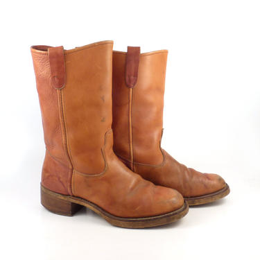 Campus Leather Boots Vintage 1970s Carmel Orange brown Cowboy Men's size 9 D 