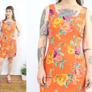 Vintage 90's Orange Rose Mini Dress with Pockets / 1990's Floral Summer Dress / Women's Size Medium by Ru