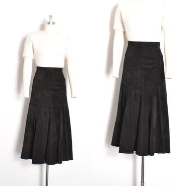 Vintage 1980s Skirt / 80s Suede Mermaid Hem Skirt / Black ( XS extra small ) 