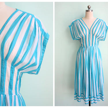 Vintage 1970's Caribbean Blue Striped Dress | Size Small 