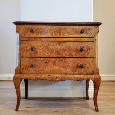 Vintage Italian Louis XV Style Burlwood Marquetry Chest Of Drawers Petite Commode 