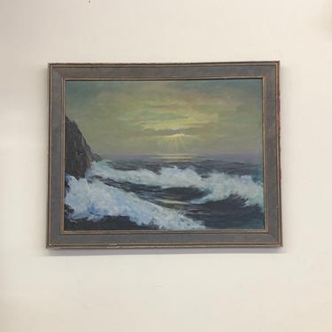Free Shipping WIthin US - Vintage mid century modern framed seascape art painting 
