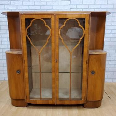 French Art Deco Burled Breakfront Waterfall Curio Display Cabinet 