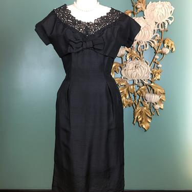 1950s wiggle dress, black silk dress, vintage 50s dress, hourglass dress, size large, rhinestones and pearls, nude illusion, mrs maisel, 31 