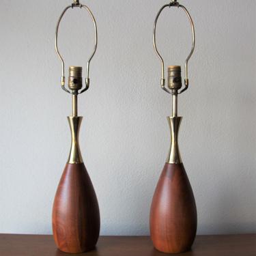 Mid Century Modern Walnut Brass Table Lamps by Tony Paul Westwood  S/2 