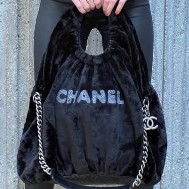 Vintage CHANEL Letter /  CC Logo Black Gray Faux Fur X-Large 2 Way Chain Shoulder Bag Tote Purse w CC Charm! 