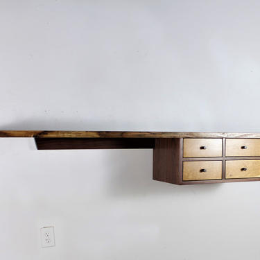 Custom 80 inch large walnut live edge wall hanging floating console desk shelf with four drawers 