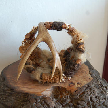 Shannon Weber Woven Sculpture ~ Contemporary Woven Basket Form Constructed of Mixed Media Fiber, Deer Antler & Reclaimed Materials 